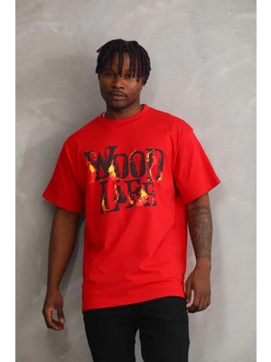 Lushiowear Erkek Baskılı T-Shirt Kısa Kol Bisiklet Yaka Rahat Kalıp Tişört  - Kırmızı