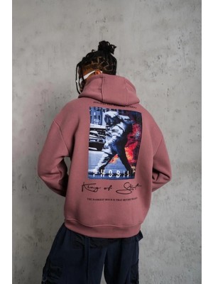 Lushiowear Erkek Astronot Baskılı  Üç Iplik Pamuklu Kapüşonlu Sweat - Gül Kurusu