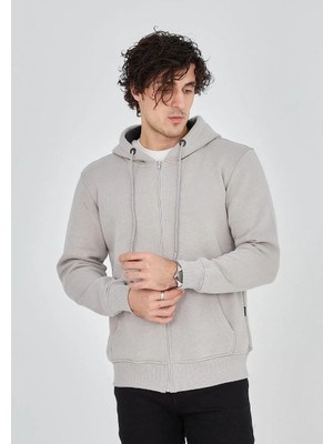 Lushiowear Erkek 3 Iplik Pamuklu Tam Fermuarlı Kapüşonlu Kanguru Cepli Düz Hoodie Sweatshirt - Boyalı Gri