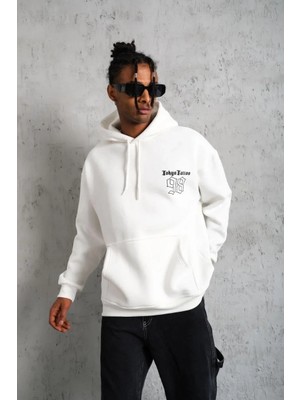 Lushiowear Erkek 98 Baskılı Kapşonlu Üç Iplik Pamuklu Sweatshirt Hoodie - Beyaz