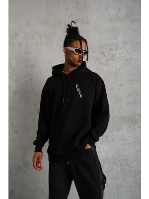Lushiowear Erkek 3 Iplik Pamuklu Kapüşonlu Kanguru Cepli Baskılı Oversize Hoodie Sweatshirt - Siyah
