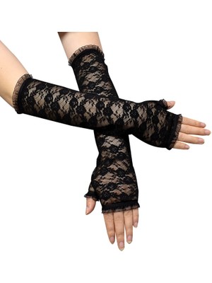 İlkyaz Fashion Uzun Zarif Dantel Eldiven Parmaksız Siyah 35 cm