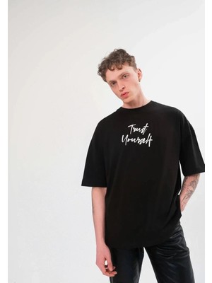 Lushiowear Erkek Bisiklet Yaka Baskılı Oversize Kısa Kol T-Shirt - Siyah