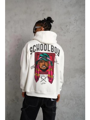 Lushiowear Erkek School Boy Baskılı  Üç Iplik Pamuklu Kapüşonlu Sweat - Beyaz