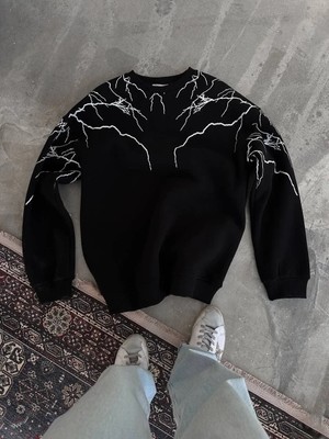 Lushiowear Erkek Üç Iplik Pamuklu Yıldırım Baskılı Bisiklet Yaka Sweatshirt - Siyah