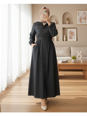 Modamorfo Kolu Lastikli Boydan Düğmeli Çift Cepli Kot Elbise  -Antrasit