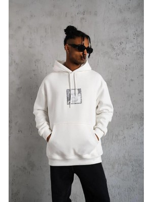 Lushiowear Erkek Ön Arka Baskılı  Üç Iplik Pamuklu Kapşonlu Sweat - Beyaz