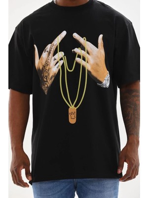 Lushiowear Erkek Baskılı T-Shirt Kısa Kol Bisiklet Yaka Rahat Kalıp Günlük Tişört - Siyah