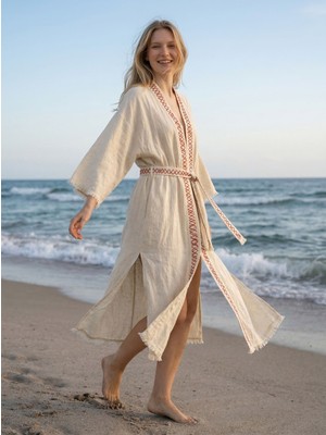 DNRYSL %60 Keten %40 Pamuk El Emeği Süzene Nakışlı Plaj Kaftanı, Nefes Alan ve Hızlı Kuruyan Kumaş