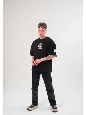 Lushiowear Erkek Bisiklet Yaka Baskılı  Kısa Kol Oversize T-Shirt - Siyah