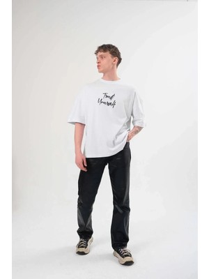 Lushiowear Erkek Bisiklet Yaka Baskılı Kısa Kol Oversize T-Shirt - Beyaz