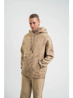 Lushiowear Erkek Double Oversize Kapşonlu Yıkamalı Sweatshirt - Bej