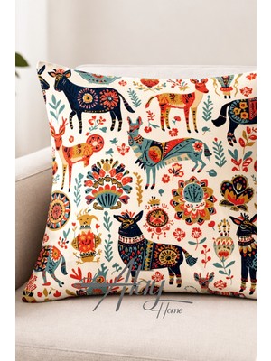 Atay Home Etnik Geyik Desenli Dekoratif Kırlent Kılıfı 43X43 cm – Bohem Sanat Tasarım Koltuk Yastık Kılıfı