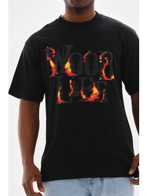 Lushiowear Erkek Baskılı T-Shirt Kısa Kol Bisiklet Yaka Rahat Kalıp Tişört - Siyah