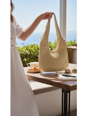 love Kadın Hasır Omuz Çantası Yazlık Plaj ve Günlük Kullanım Hobo Çanta