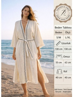DNRYSL %60 Keten %40 Pamuk El Emeği Süzene Nakışlı Plaj Kaftanı, Nefes Alan ve Hızlı Kuruyan Kumaş