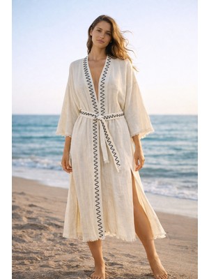 DNRYSL %60 Keten %40 Pamuk El Emeği Süzene Nakışlı Plaj Kaftanı, Nefes Alan ve Hızlı Kuruyan Kumaş