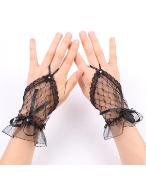 Colezium Siyah Dantel Fiyonklu Parmak Hlı Kadın Eldiveni