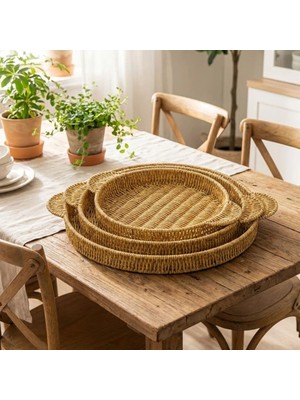 Esranın Dünyası Mey Ithalat®  Iç Içe Geçebilen 3’lü Yuvarlak Plastik Rattan Tepsi Seti–hasır Görünümlü Çok Amaçlı Servis ve Sunum Tepsileri