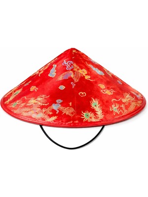 Colezium Kırmızı Saten Çin Desenli Dragon Işlemeli Şapka – Lastikli