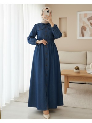 Modamorfo Kolu Lastikli Boydan Düğmeli Çift Cepli Kot Elbise  -Indigo