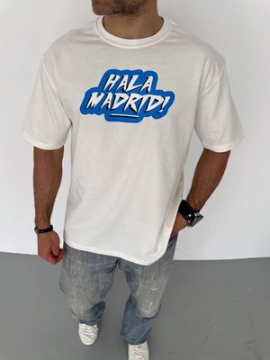 Lushiowear Erkek  Bisiklet Yaka Baskılı Oversize T-Shirt - Beyaz