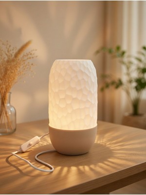 Onyx Modern Ribbed Dokulu Gece Lambası - Yumuşak Işık LED Abajur | Yatak Başı Dekoratif Lamba Bej-Beyaz