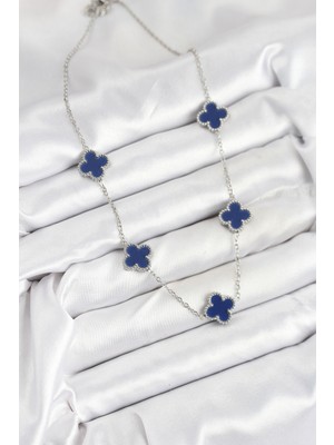 316L Çelik Zincir Gümüş Lacivert Renk Yonca Kadın Kolye - Lisinya