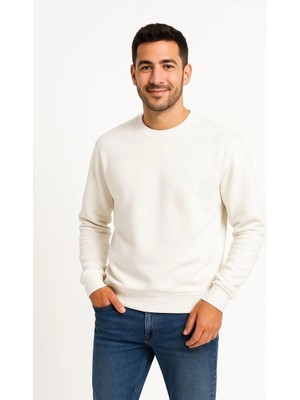 Lushiowear Erkek Üç Iplik Pamuklu Düz Bisiklet Yaka Sweatshirt - Beyaz