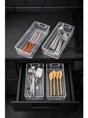 Bambus Home 4’lü Şeffaf Mutfak Çekmece Içi Düzenleyici – Kaşık Çatal Bıçak Organizeri, Plastik Düzenleme Kutusu
