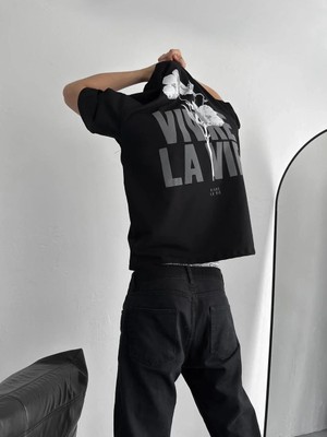 Lushiowear Erkek Baskılı Oversize Bisiklet Yaka Kısa Kol  T-Shirt - Siyah