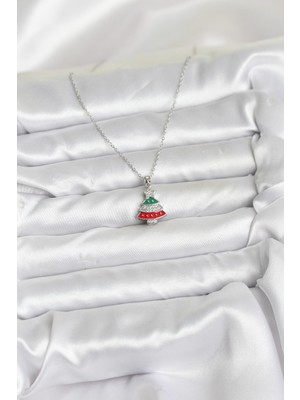 316L Çelik Zincir Gümüş Ren Çam Ağacı Model Zirkon Taşlı Yılbaşı Temalı Kadın Kolye - Lisinya