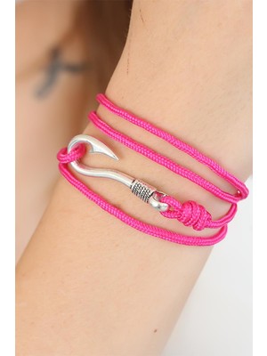 Fuşya Renk Gümüş Metal Kancalı Bayan Çoklu Bileklik - Lisinya