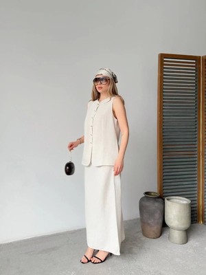 Lushiowear Kadın Keten Kolsuz Sıfır Yaka Ilik Düğmeli Kolsuz Hırka Etek Ikili Takım - Beyaz