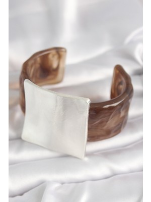 Kahverengi Mermer Desen Akrilik Plastik Gümüş Kare Plaka Model Vintage Kadın Bilezik - Lisinya