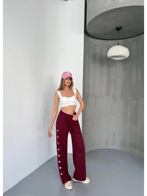 Lushiowear Kadın Osy Modal Yumuşak Dokulu Kumaş Nakış Işlemeli Rahat Bol Paça Eşofman Pantalon - Bordo