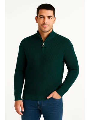 Lushiowear Erkek Yarım Fermuarlı Triko Kazak Selanik Örgü Dik Yaka Pamuklu Dokuma Regular Fit - Haki