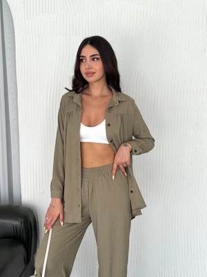 Lushiowear Kadın Yakalı Düğmeli Uzun Kollu Gömlek Pantolon Ikili Takım - Bej