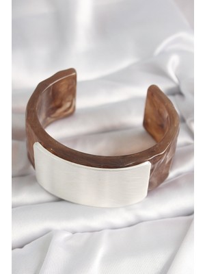 Kahverengi Mermer Desen Akrilik Plastik Gümüş Dikdörtgen Plaka Vintage Kadın Bilezik - Lisinya