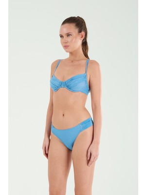Louren Kadın  Mavi/vizon/yeşil Simli Kumaşlı Çıkarılabilir Ince Kaplı Telli Toparlayıcı Bikini Takımı