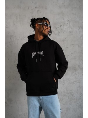 Erkek 3 Iplik Pamuklu Baskılı Kapüşonlu Cepli Sweatshirt Hoodie - Siyah