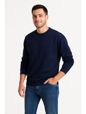 Lushiowear Erkek Üç Iplik Pamuklu Düz Bisiklet Yaka Sweatshirt - Lacivert