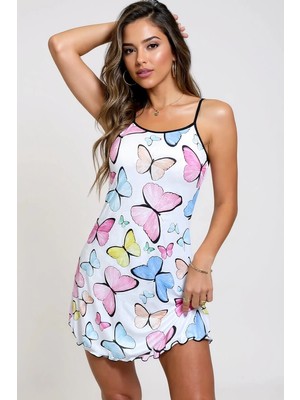 Renkli Kelebek Desenli Askılı Kadın Gecelik