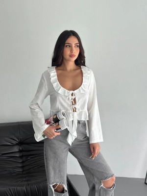 Lushiowear Kadın Keten Uzun Kol Bağacık Detaylı Bluz - Beyaz