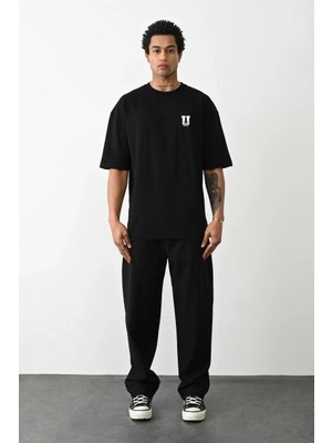 Lushiowear Erkek Bisiklet Yaka Baskılı Oversize T-Shirt - Siyah