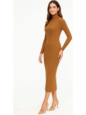 Lushiowear Kadın Boğazlı Triko Elbise Uzun Fitilli Esnek Dokuma Tam Kalıp Baharlık 130 - Kahverengi