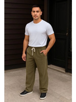 Lushiowear Erkek Fitilli Kadife Cepli Buggy Pantolon Oversize Rahat Kalıp - Haki