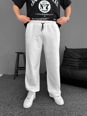 Lushiowear Erkek Iki Iplik Kumaş Beli Lastikli Yan Flota Cepli Baggy Alt Esofman Pantalon - Beyaz