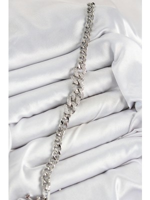 Pirinç Zirkon Taşlı Küba Zincir Model Gümüş Renk Kadın Bileklik - Lisinya