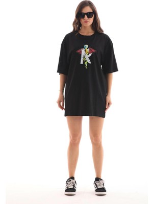 Kadın Baskılı T-Shirt Kısa Kol Bisiklet Yaka Regular Fit Rahat Kalıp Günlük Tişört -Siyah